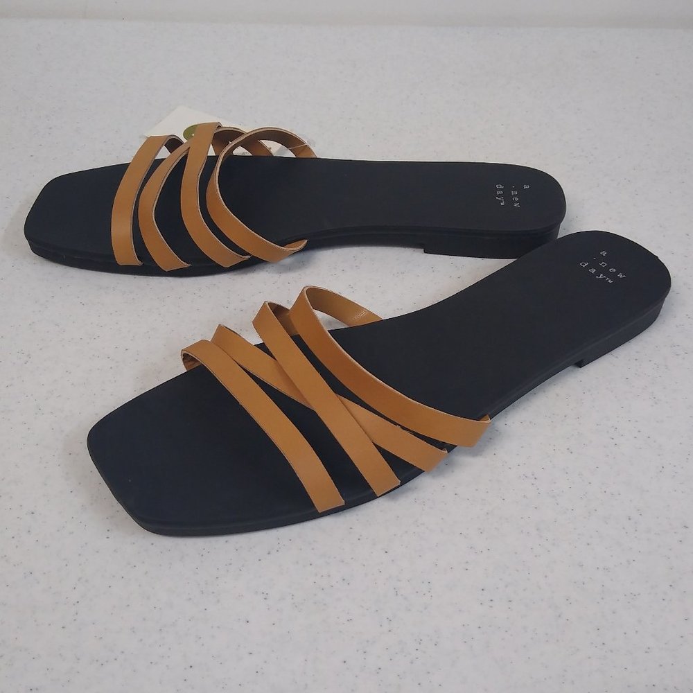 A New Day Sandals Tan/Joan Size 11 Women's Embossed Strappy Slide On Sandals NWT